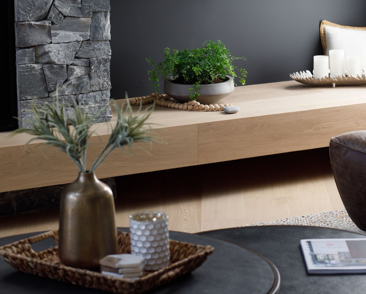 Hearth vignette with oak shelf