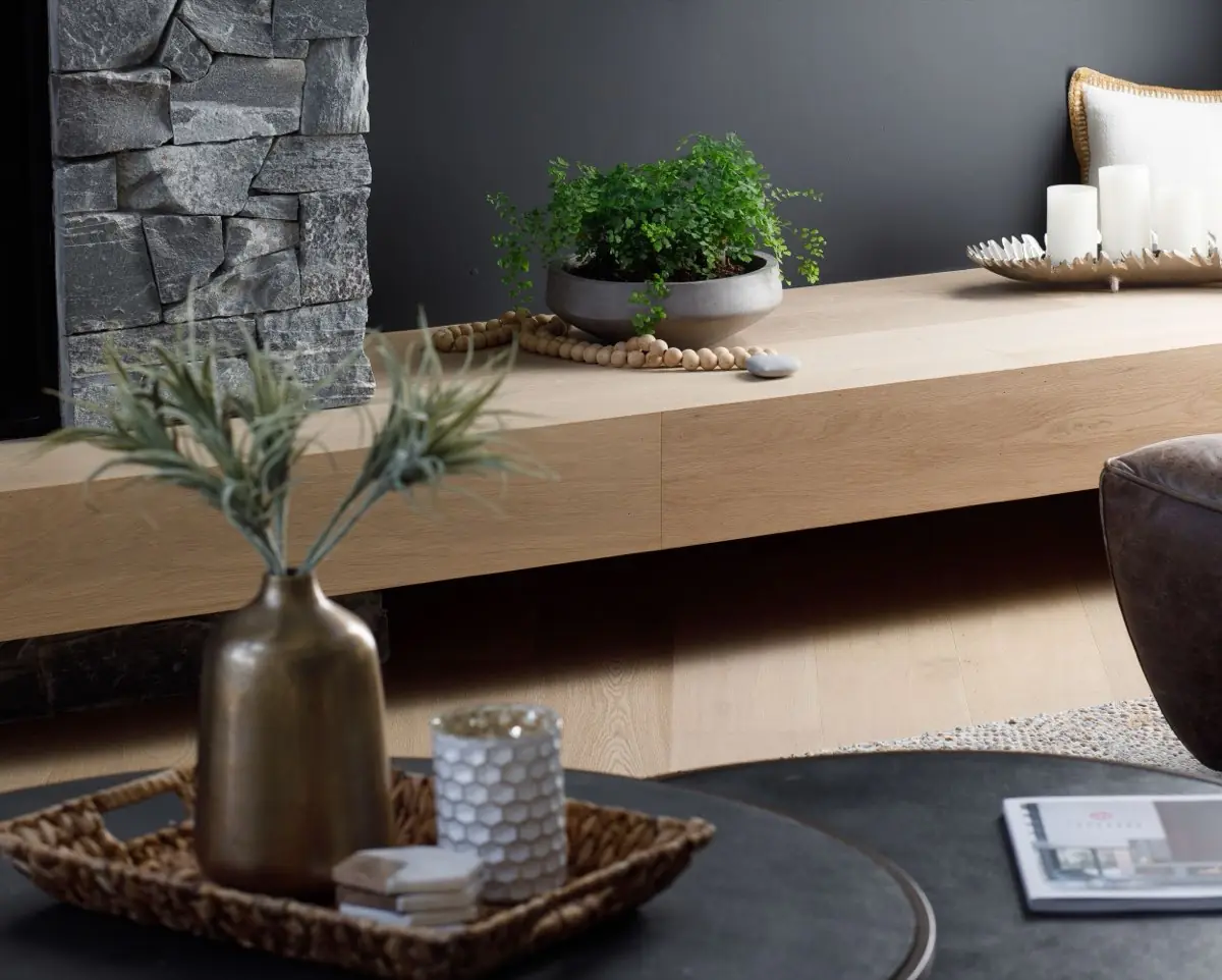 Hearth vignette with oak shelf