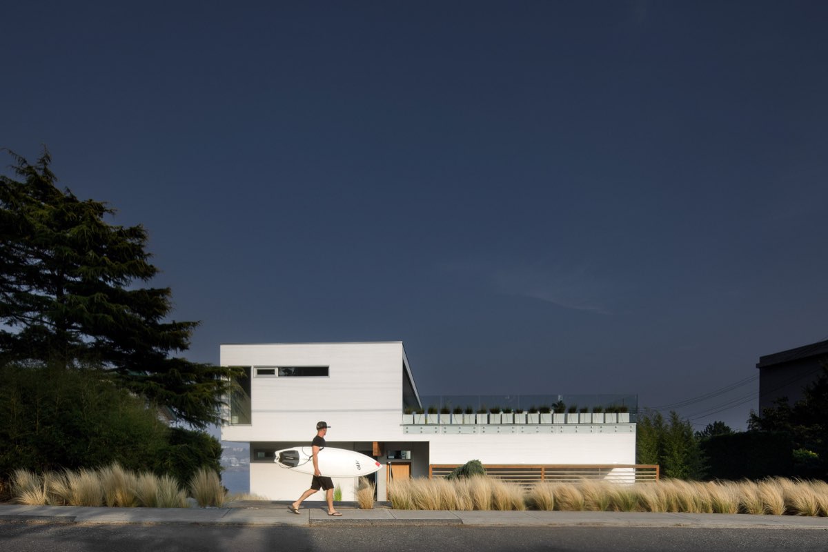 White modern home at blue hour
