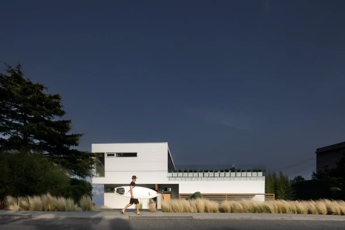 White modern home at blue hour