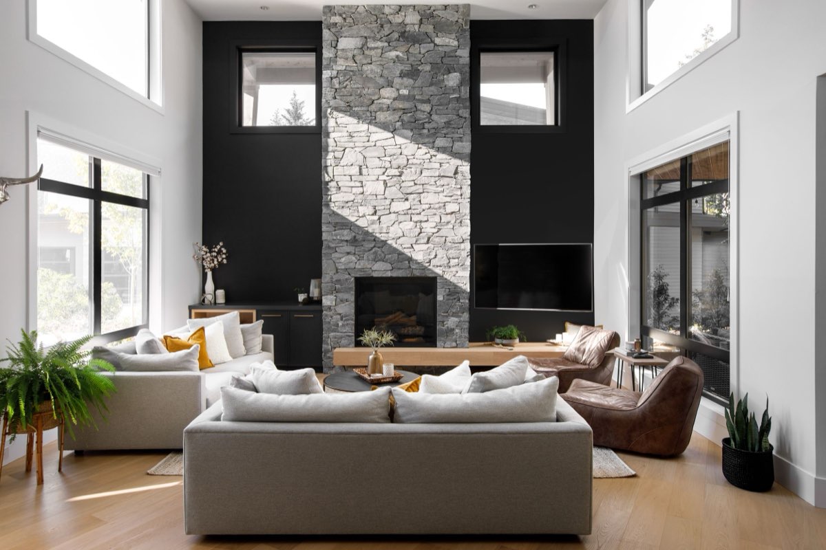 Stone hearth living room