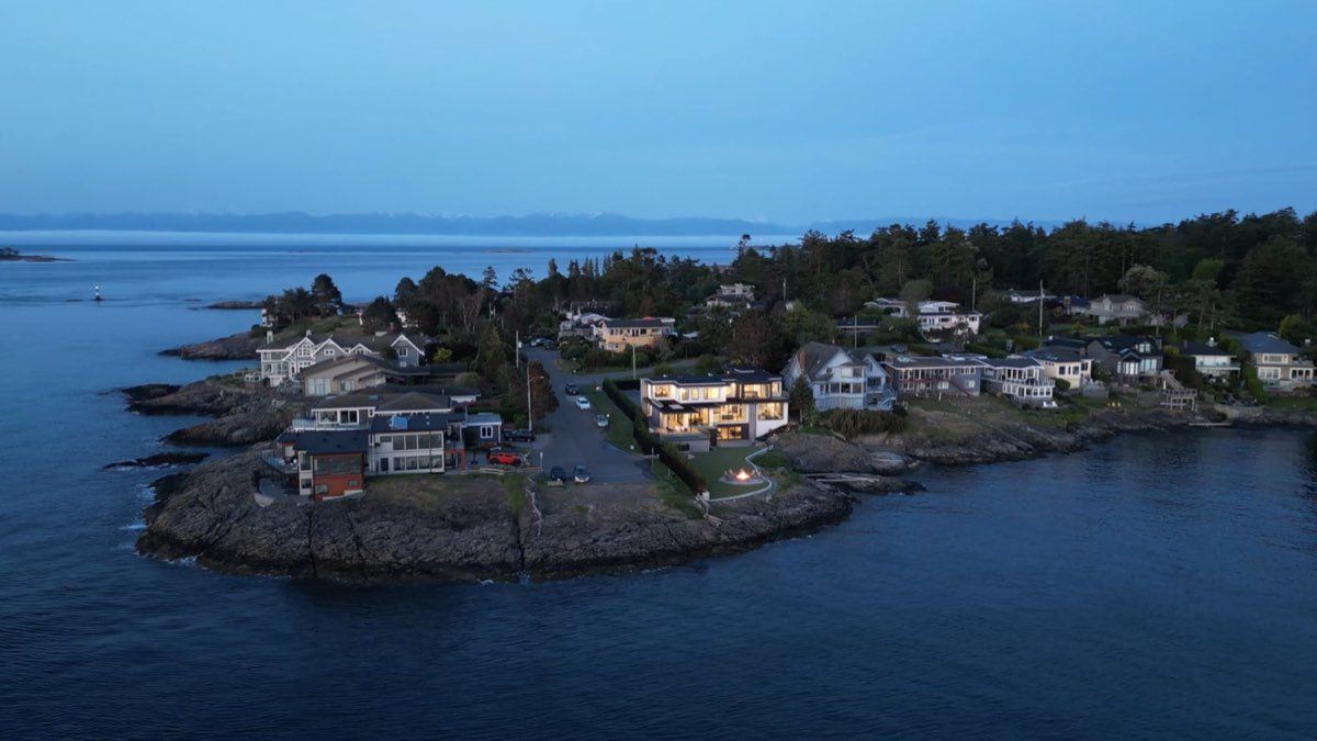 Aerial over a waterfront neighbourhood at White Rock