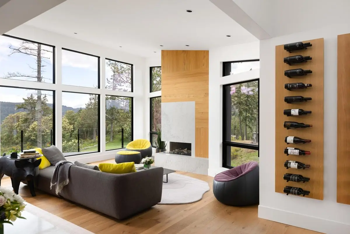 Living room with a glass wine wall