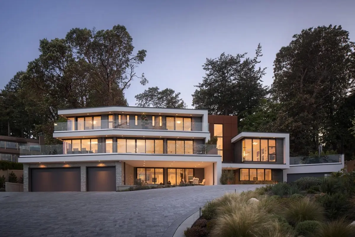 Three-storey modern home at dusk