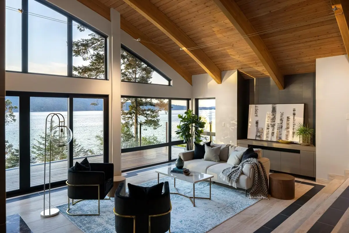Vaulted living room with ocean views