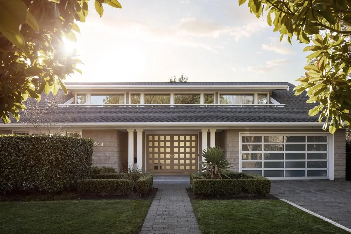 Mid-century home and garden in low sun