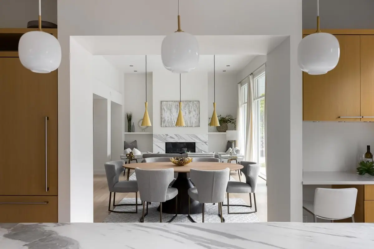 Dining room with globe pendants