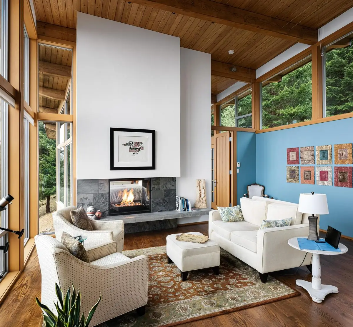 Living room under cedar beams