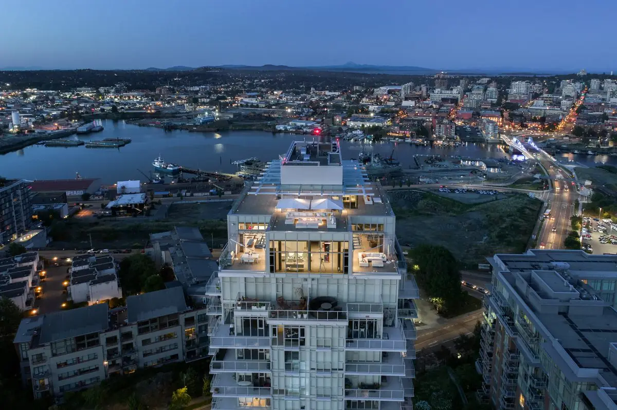 Penthouse at dusk above Victoria Harbour