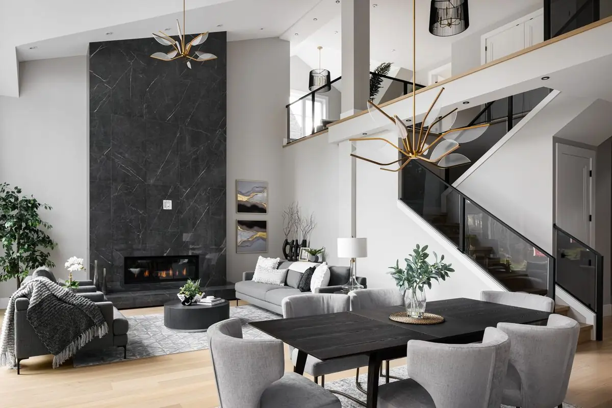 Double-height living room and stair