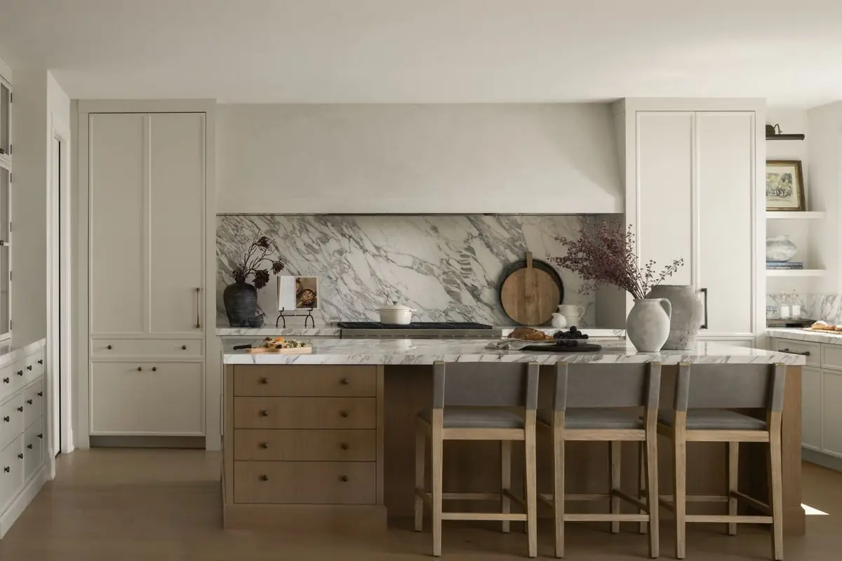 Kitchen island and plaster range hood