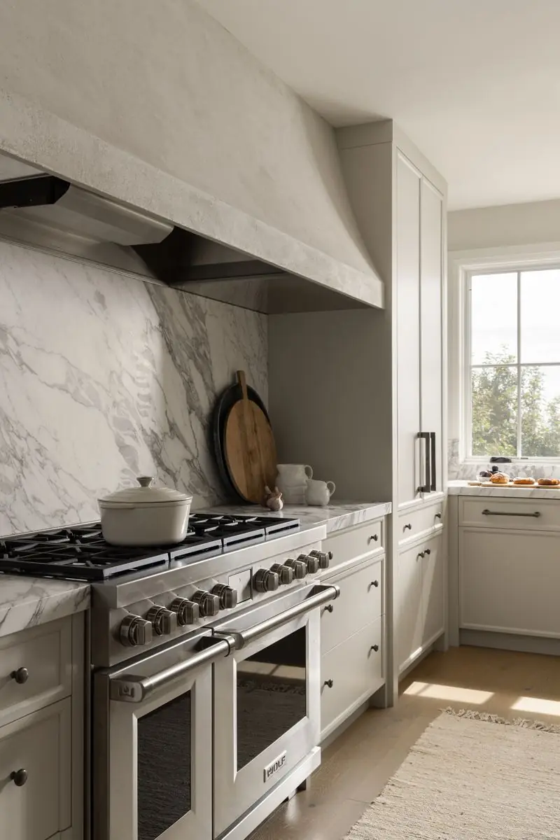 Range, marble backsplash and plaster hood