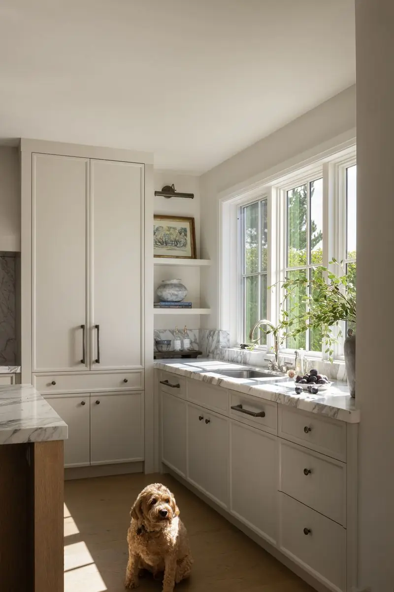 Kitchen sink and window, with the dog by the island