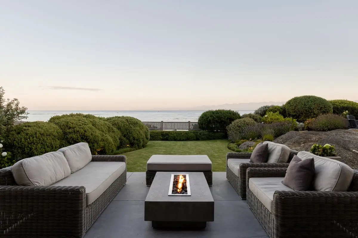 Lounge and fire table looking out over the water