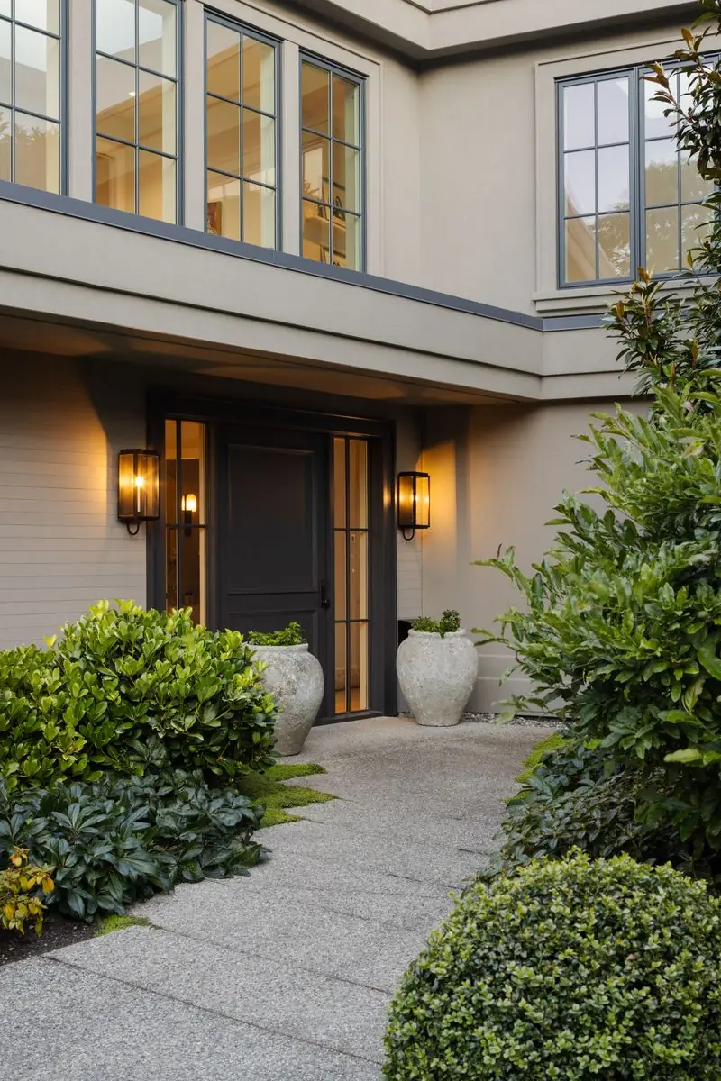 Front door between lanterns at dusk