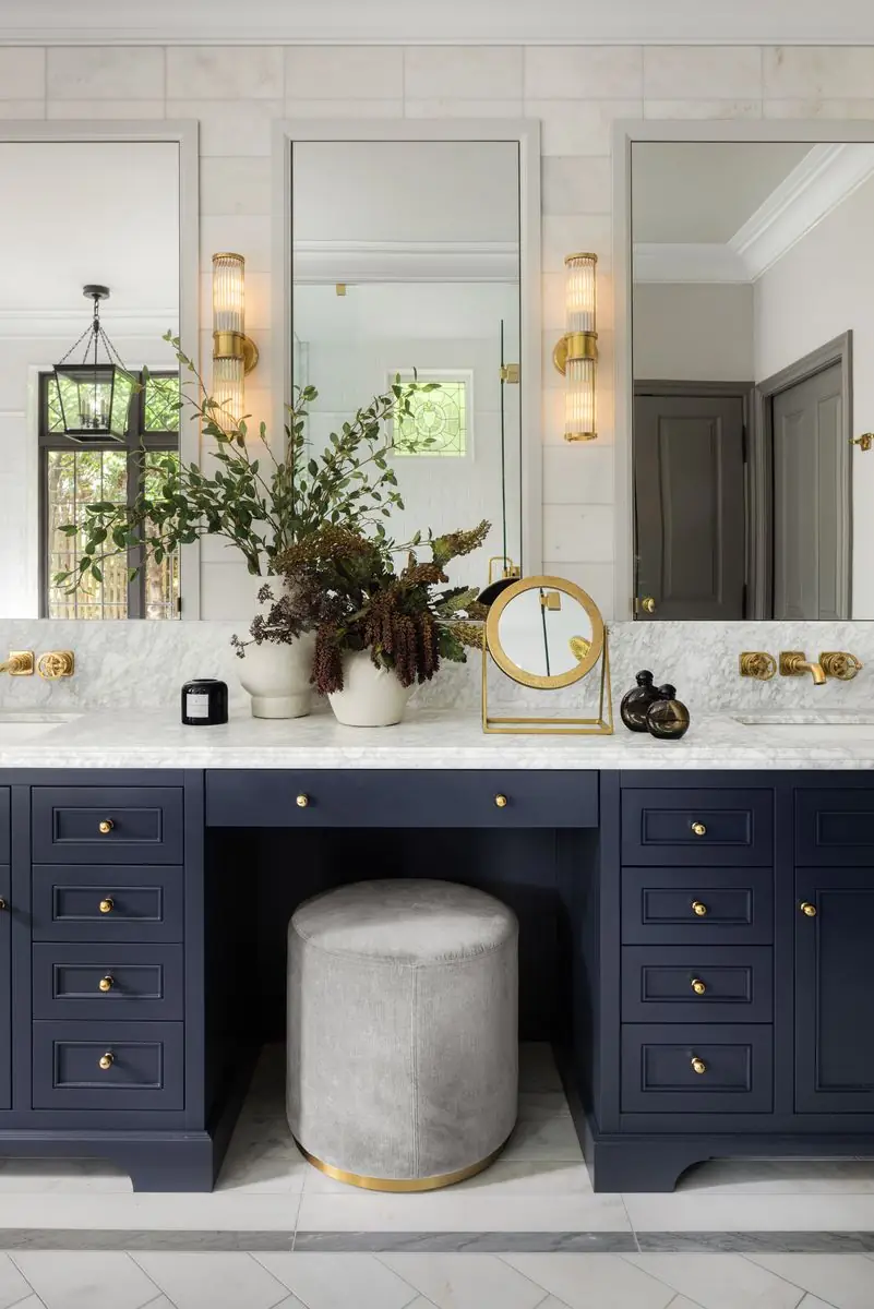 Navy dressing table between two basins