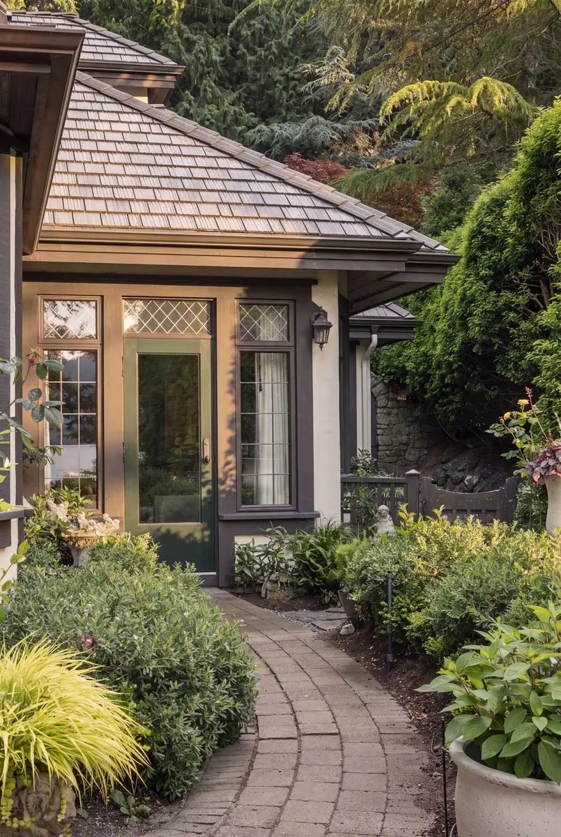 Brick path through the garden to a side door