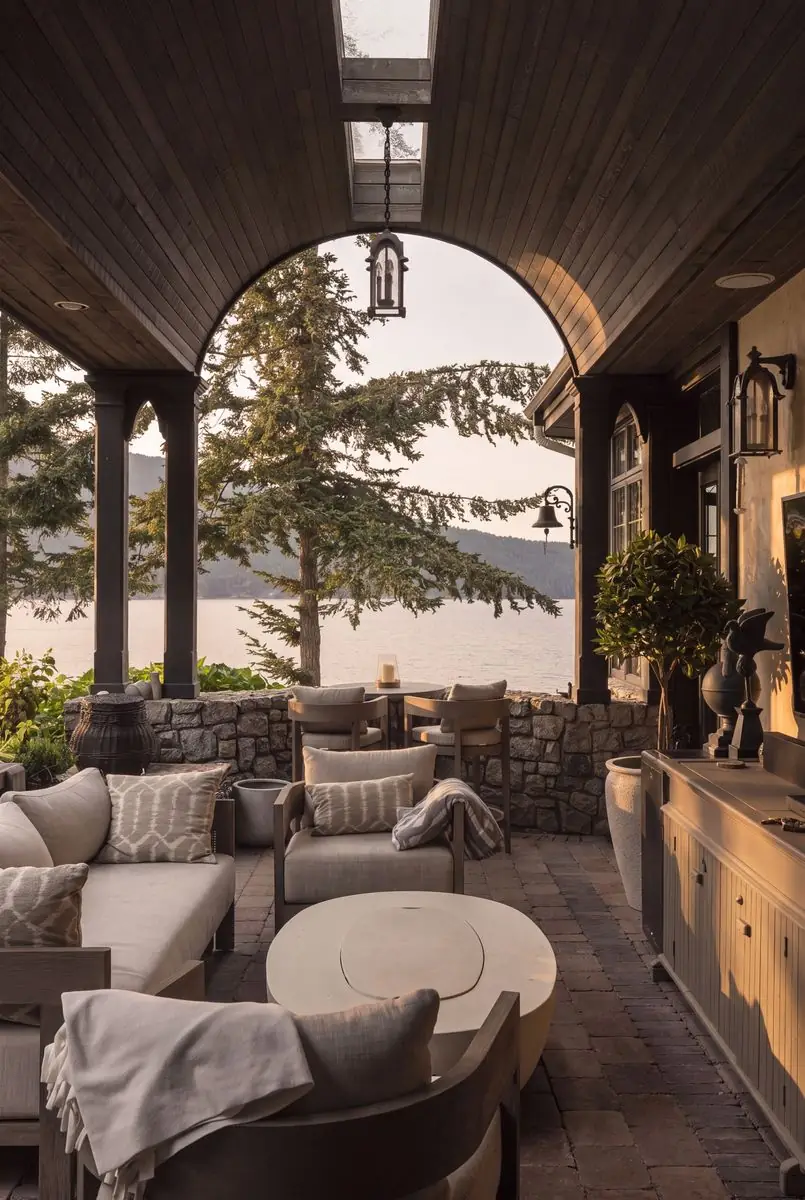 Covered terrace under an arch, with seating and the water beyond