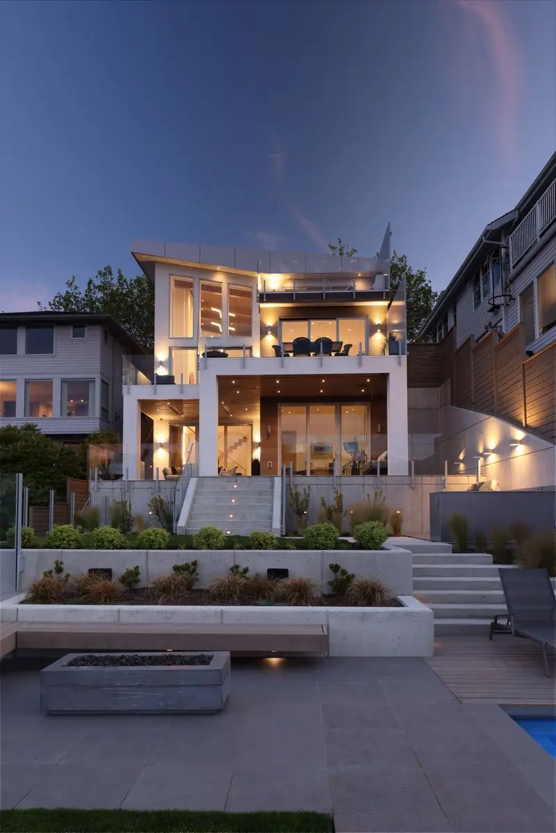 Terraced garden and steps lit at dusk
