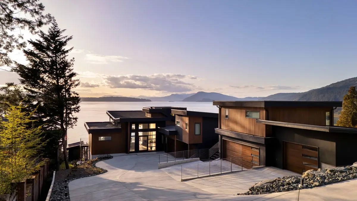 The house at sunset, looking over the water