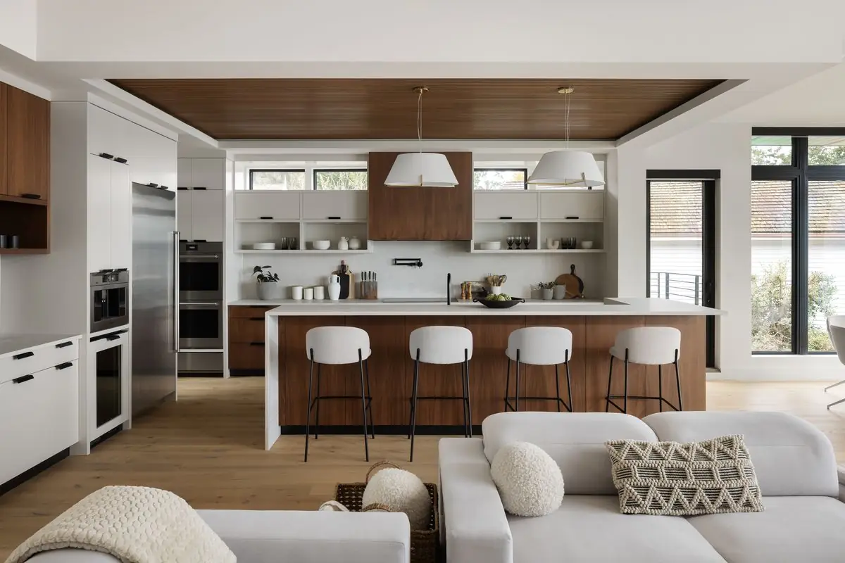 Kitchen island with white stools