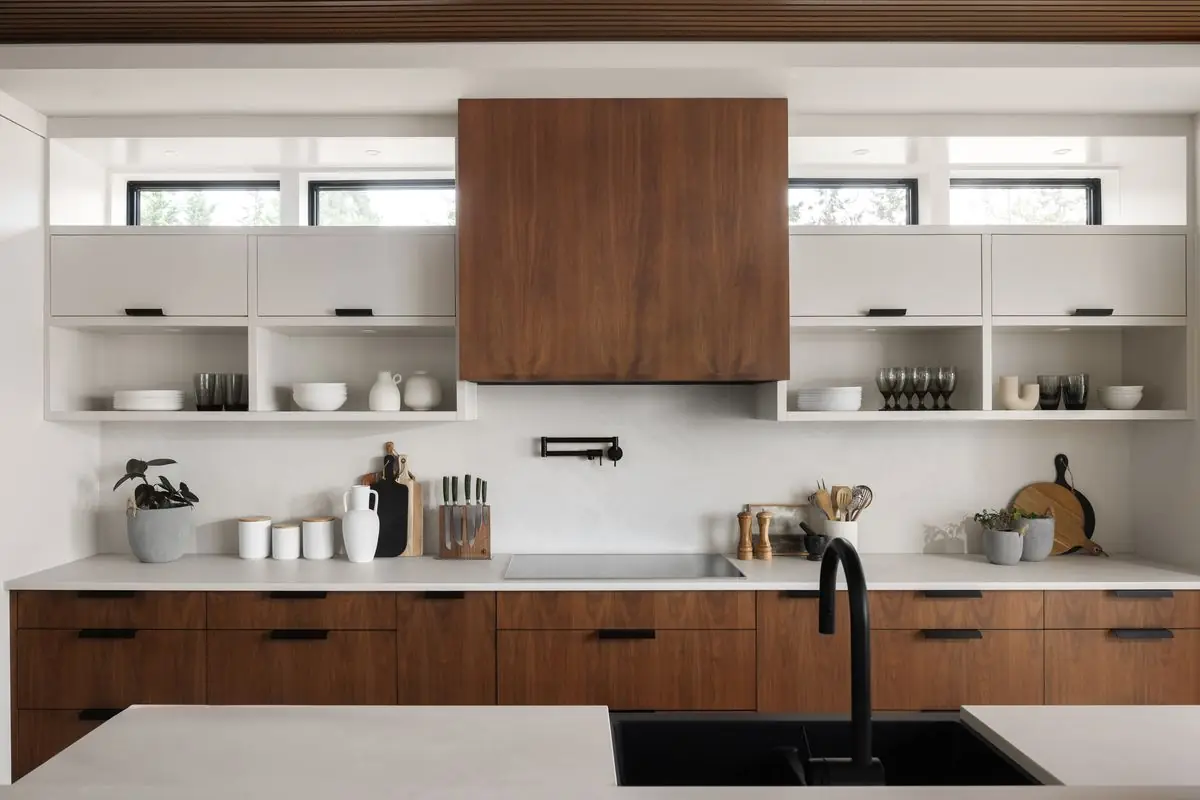 Walnut range hood and open shelving