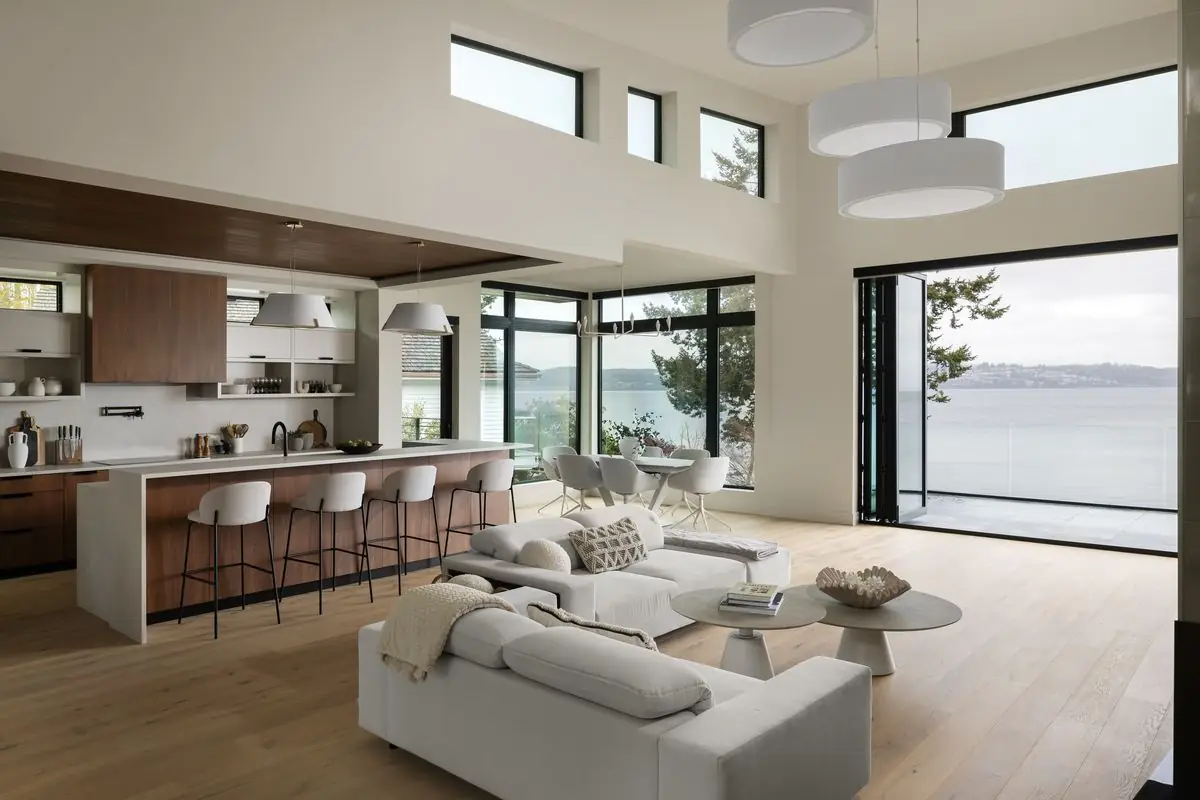 Kitchen island and living room by the windows