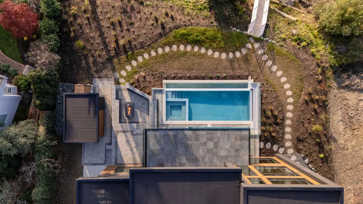 Aerial of the pool and terraces