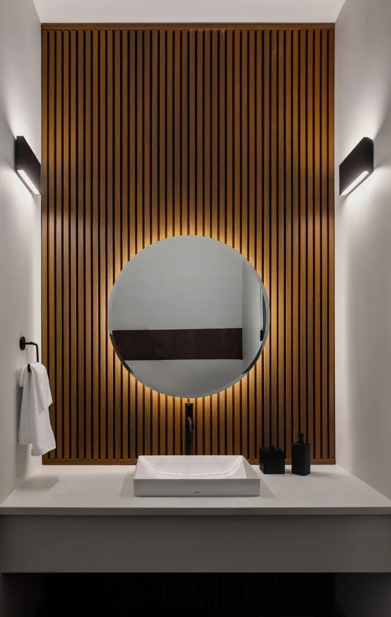 Powder room with a backlit mirror
