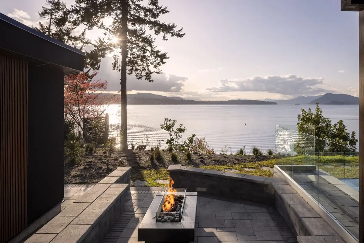 Fire table and terrace at sunset