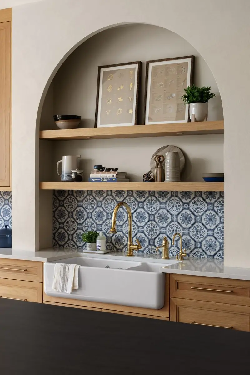 Arched niche with shelves and blue tile