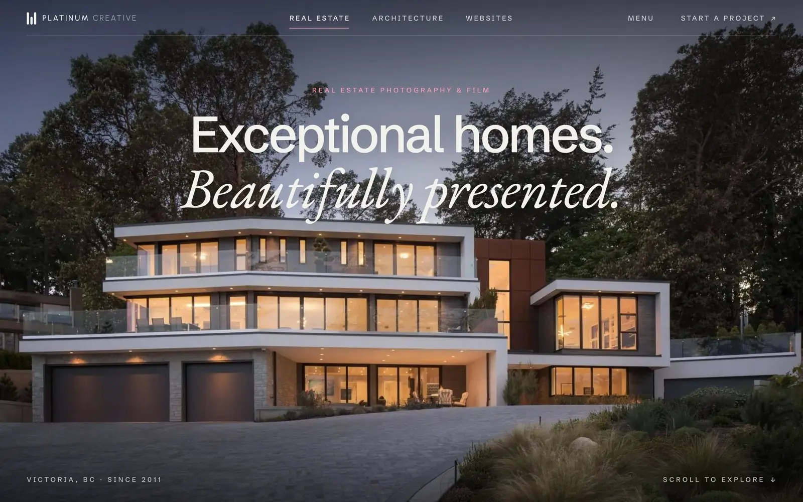 Website design for Platinum Creative, a Victoria real estate and architectural photography studio: home page