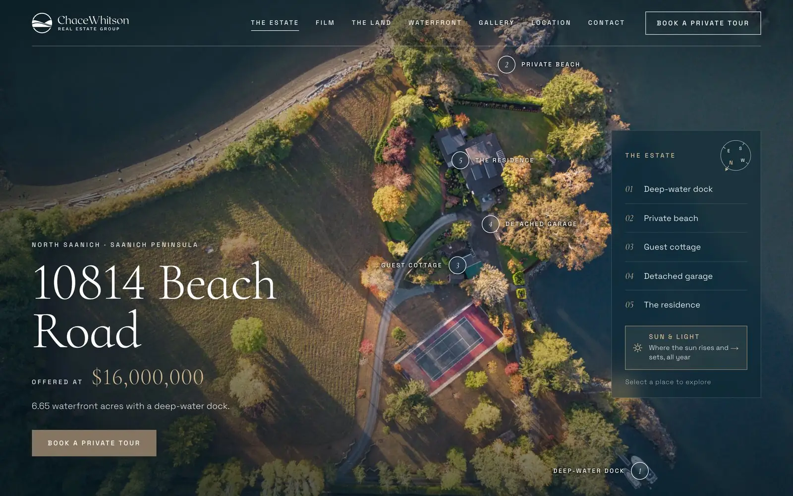 The opening screen of the estate site: an aerial map with the dock, beach, cottage and residence marked