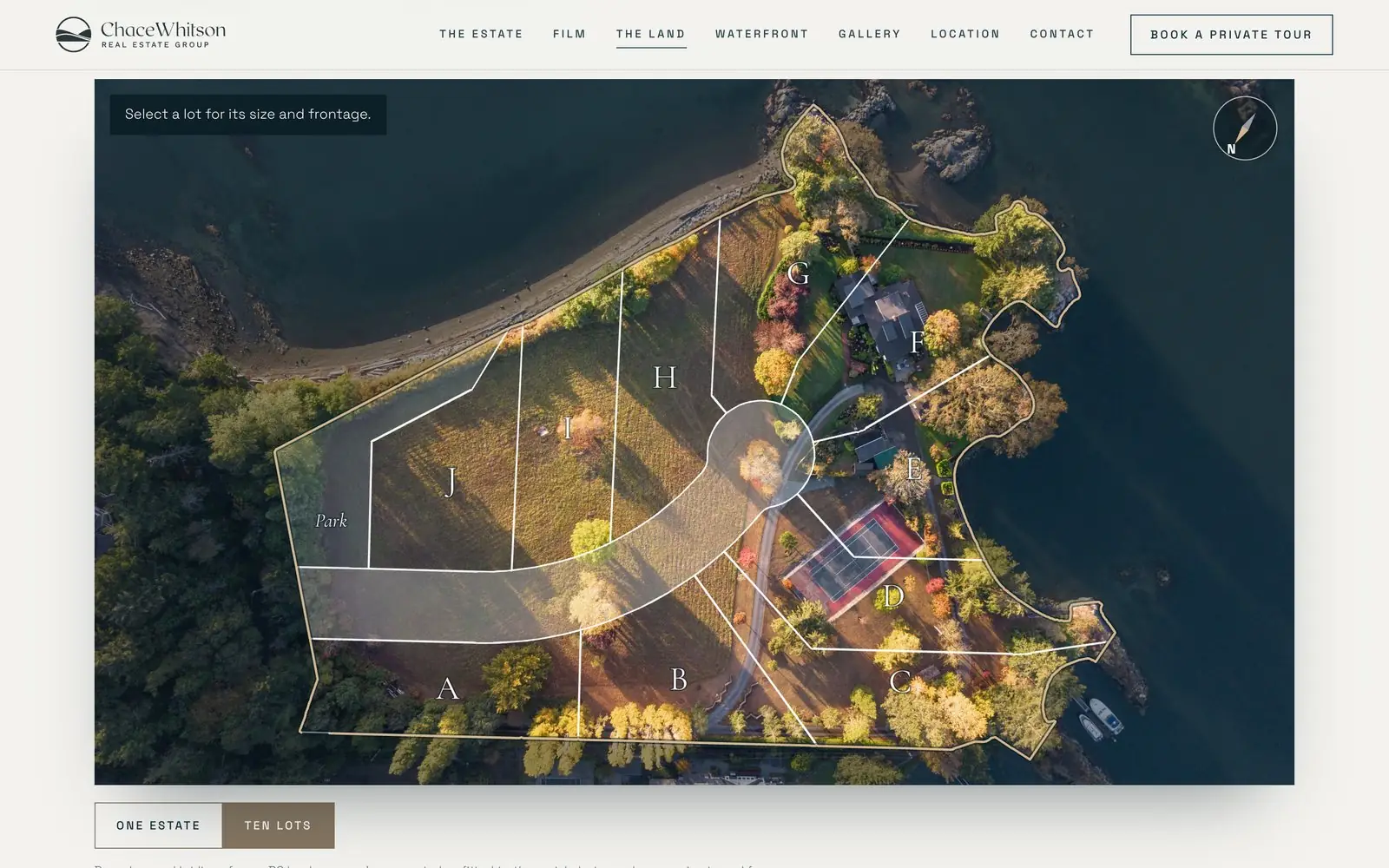 The lot plan drawn over the aerial photograph of the estate